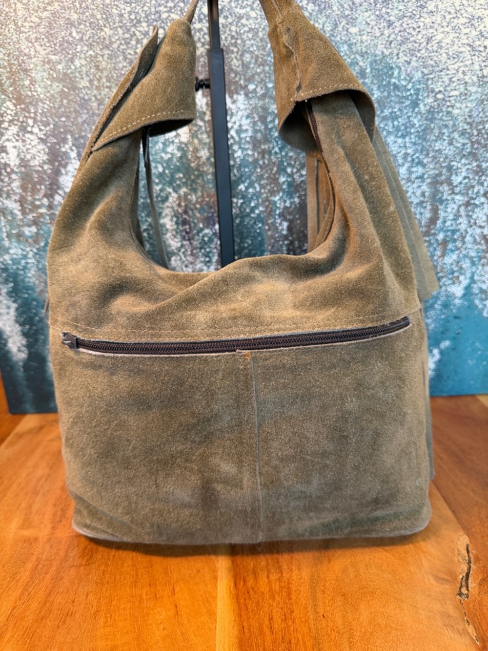 Vintage Boho Western Suede Leather Fringe Shoulder Bag Olive Green - Picture 11 of 17